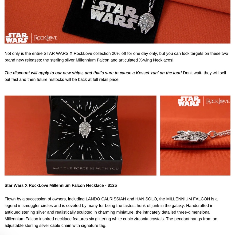ROCKLOVE JEWERLY STAR WARS only MILLENNIUM FALCON NECKLACE STERLING SILVER